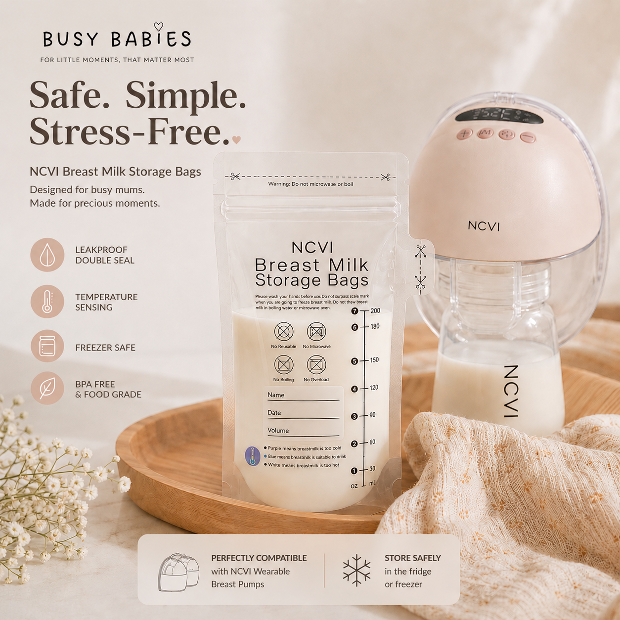 Hands-free wearable breast pump with breast milk storage bags for busy mums