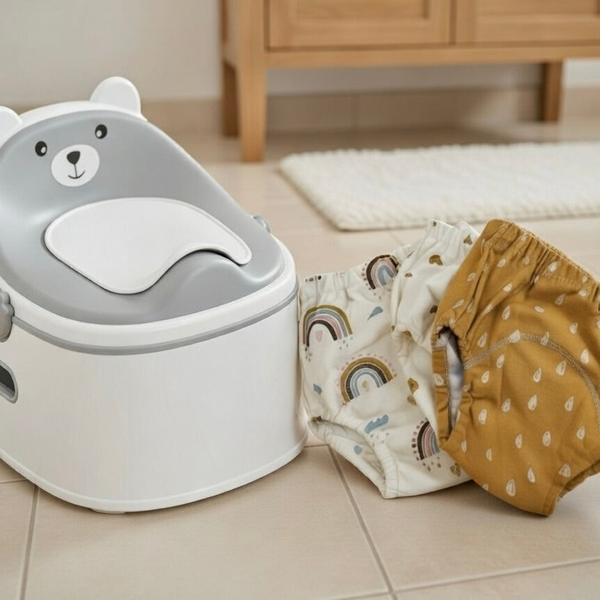 Reusable cotton training pants and toddler potty seat on bathroom floor