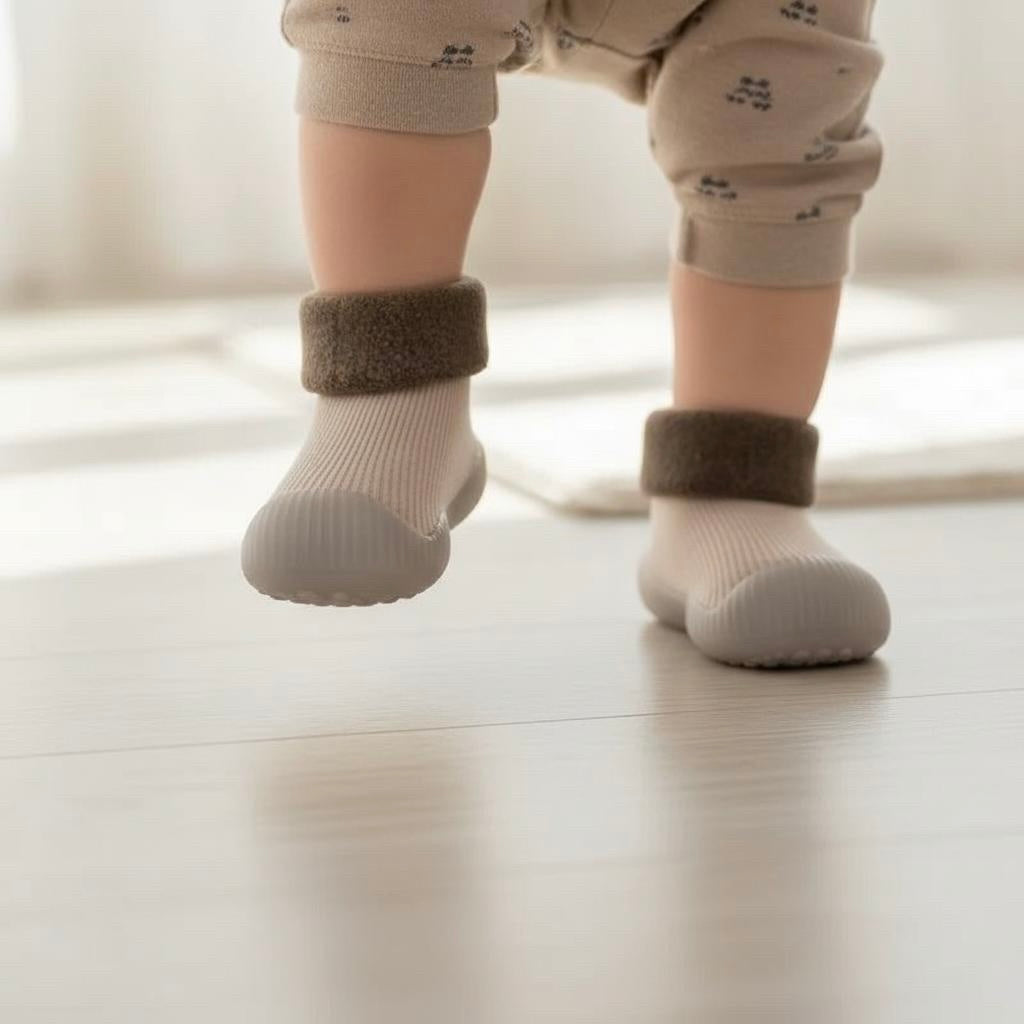 Baby taking first steps learning to walk in sock shoes
