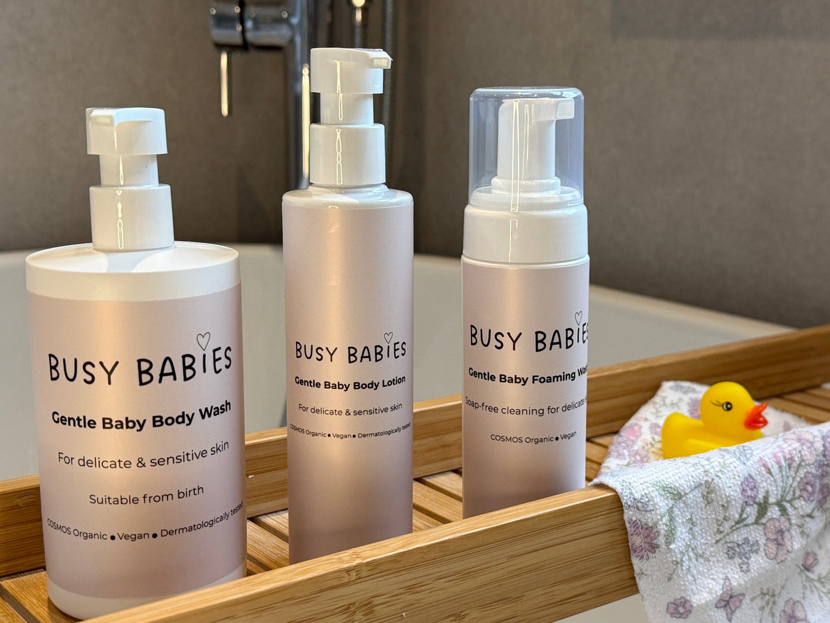COSMOS Organic baby bath care collection with gentle body wash, foaming wash and body lotion for sensitive baby skin