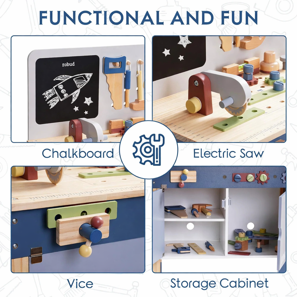 Robud children's wooden play set with chalkboard, electric saw, vice, and storage cabinet.