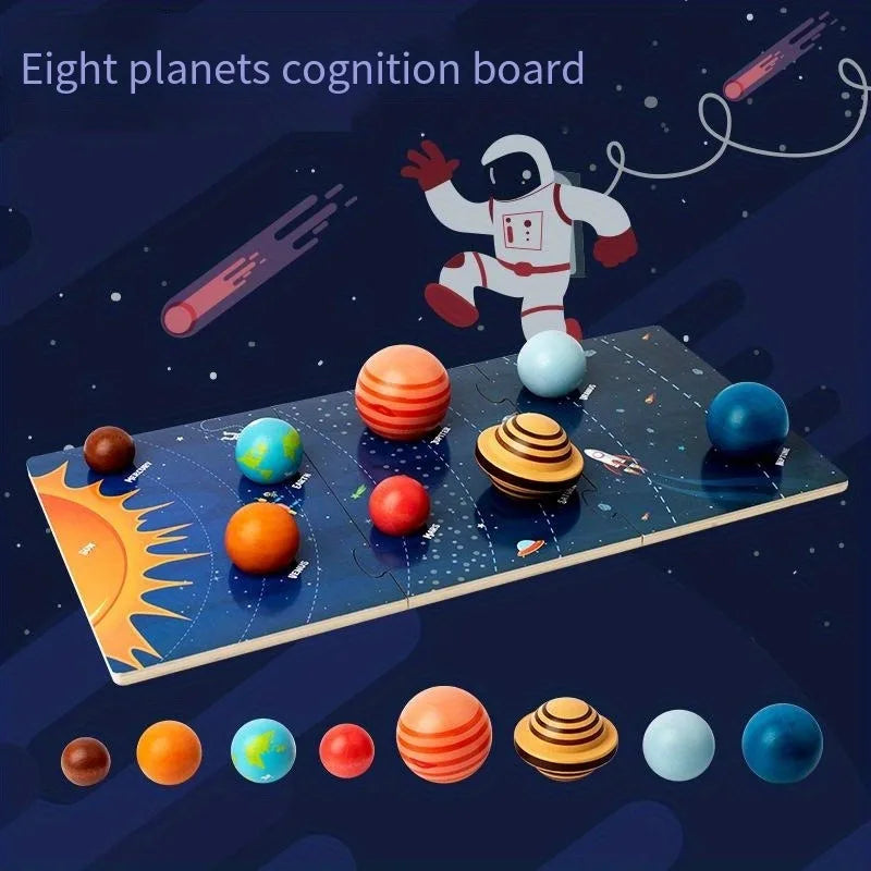 Educational board with colourful planets and an astronaut figure on a space-themed background.