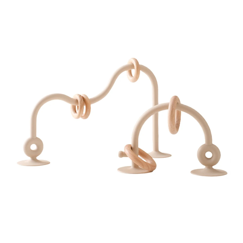 Beige Montessori bead maze toy with suction base for high chair