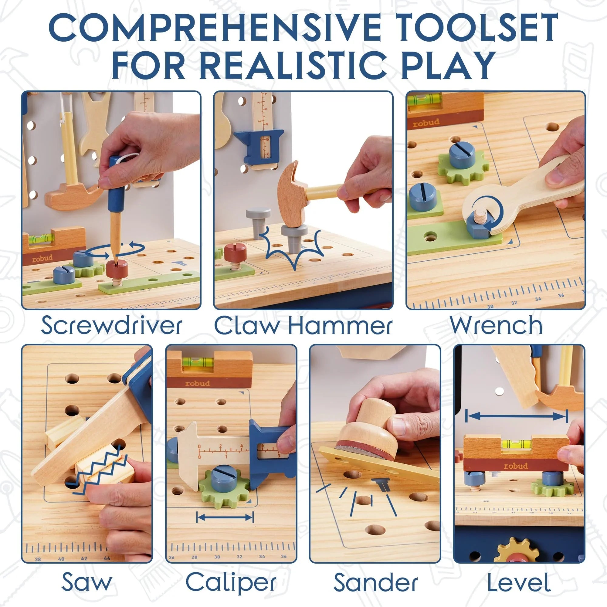 Set of wooden tools for realistic play with labeled components on a white background.