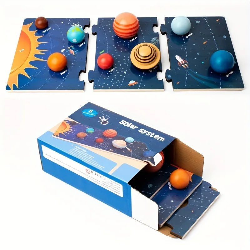 Solar system puzzle with planets and sun, displayed with packaging on a white background