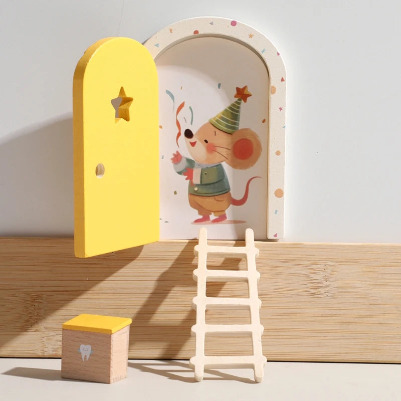 Wooden toy set with a mouse character, yellow door, and ladder on a light background
