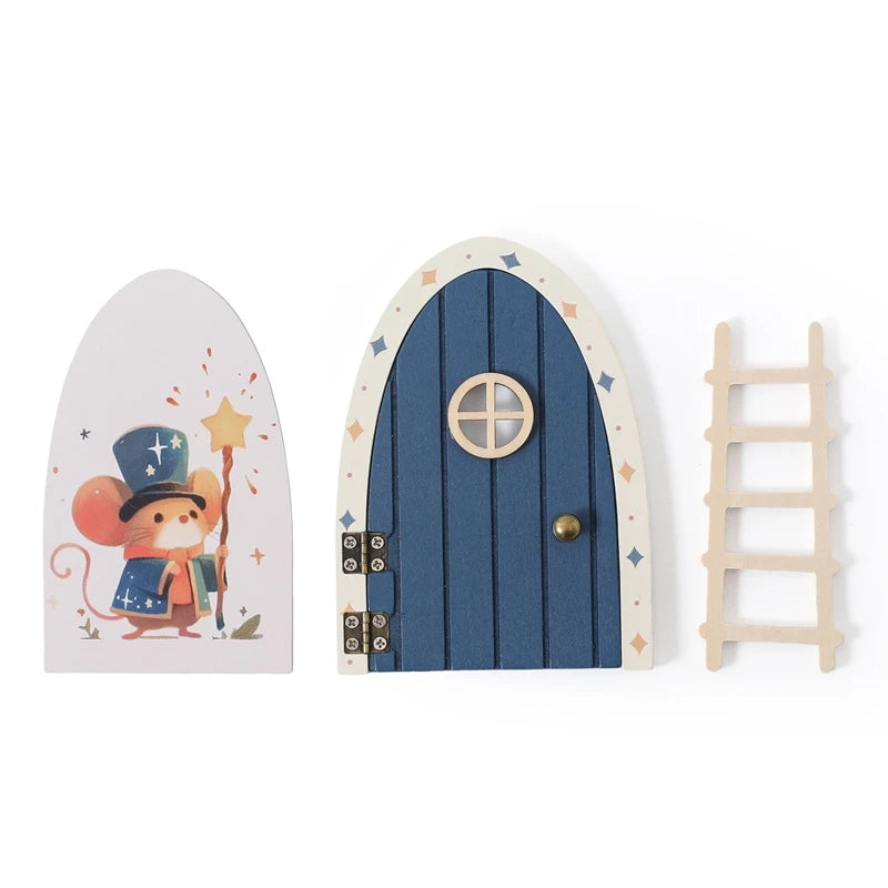 Blue fairy door with a cartoon mouse character and a ladder on a white background