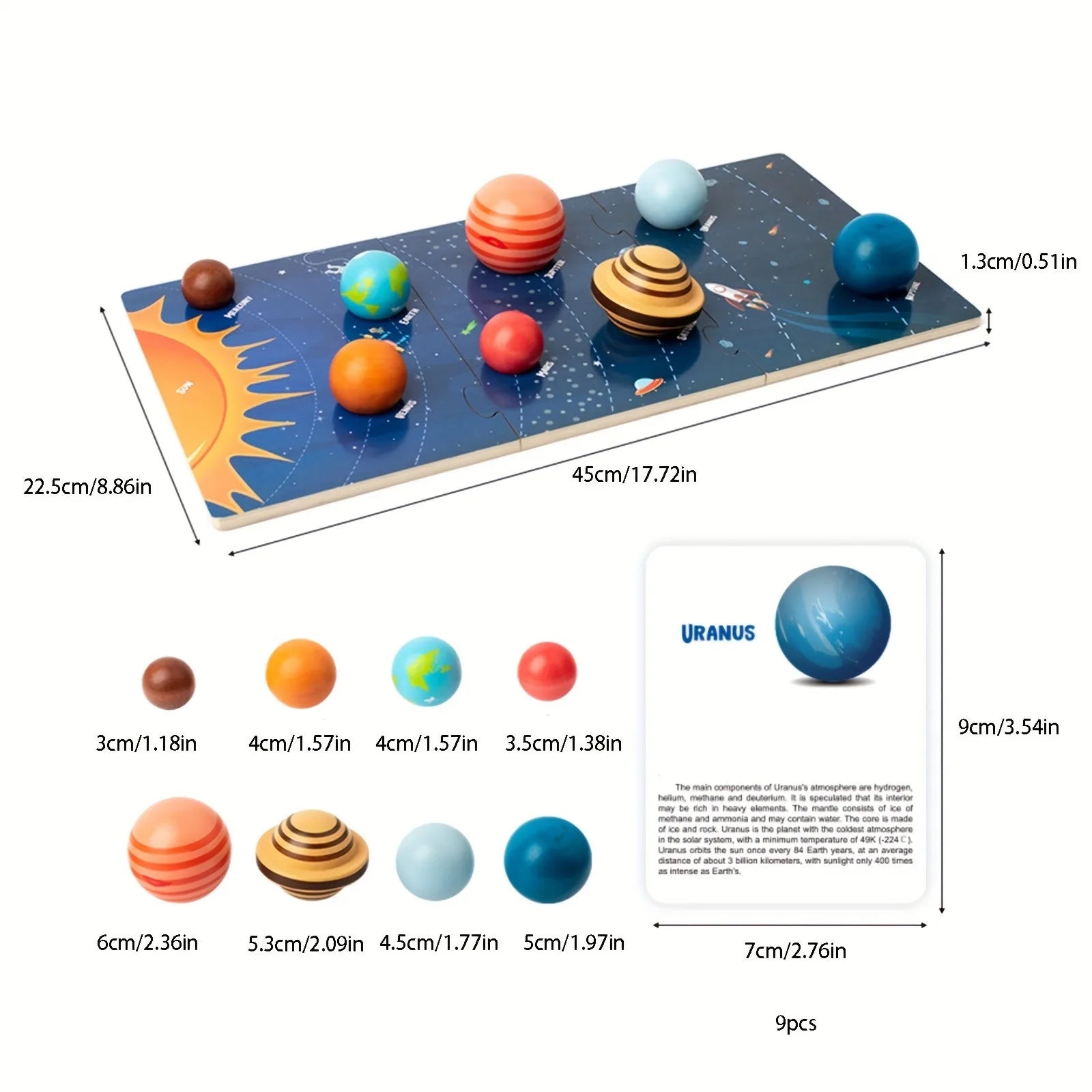 Wooden solar system model with planets and sun, including measurements and details of each planet.