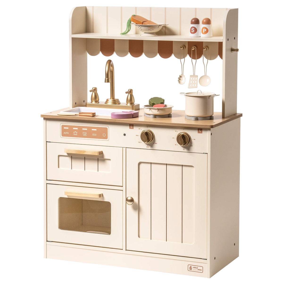 Wooden play kitchen for kids with oven, sink, hob and cooking accessories