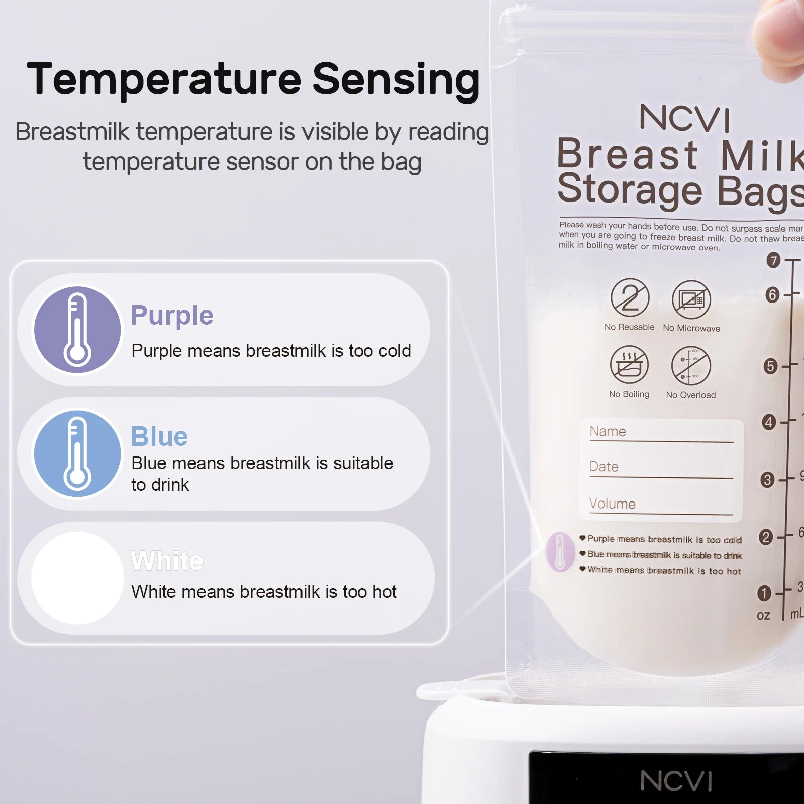NCVI breast milk storage bags with temperature sensing information displayed.