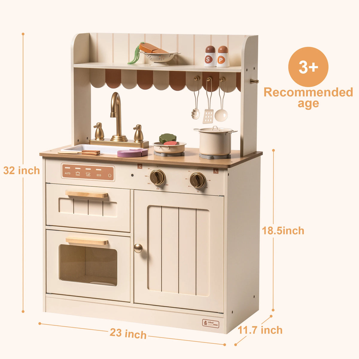 A cream-colored wooden toy kitchen playset with dimension labels showing its height, width, and depth, alongside a '3+ Recommended age' badge on a light beige background.