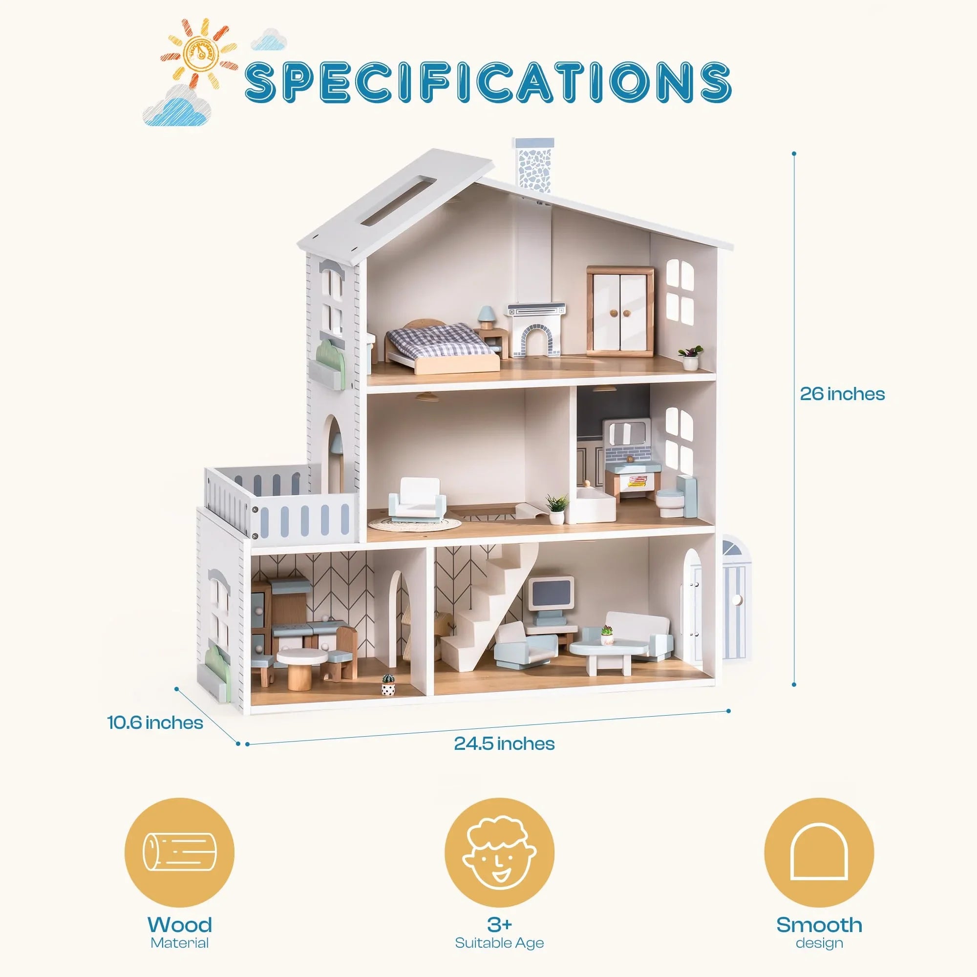 Dollhouse with dimensions and material specifications on a white background