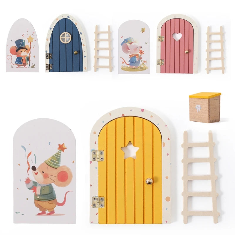 Set of colourful fairy doors with ladders and boxes on a white background