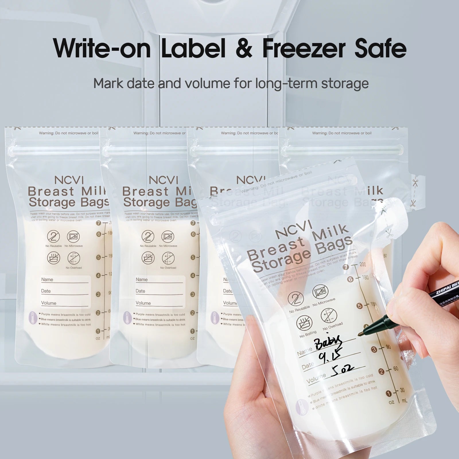 NCVI Breast Milk Storage Bags with a hand writing on one of them, set against a light grey background.