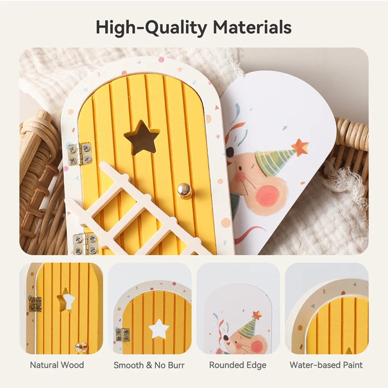 Yellow fairy door with decorative elements on a textured surface, featuring high-quality materials text.