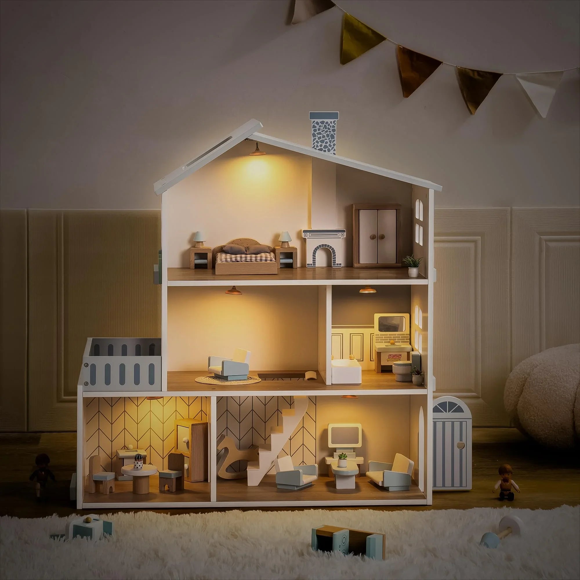 Detailed dollhouse with interior rooms and furniture, illuminated in a cozy setting.
