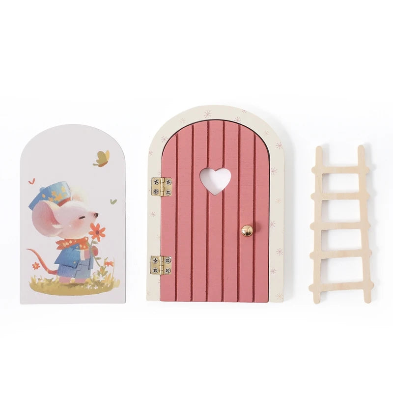 Pink fairy door with heart-shaped window, mouse illustration, and ladder on a white background