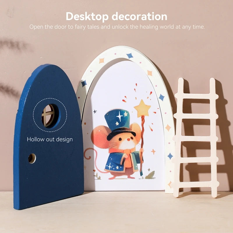 Decorative door with cartoon mouse character, blue door, and white ladder on a beige background.