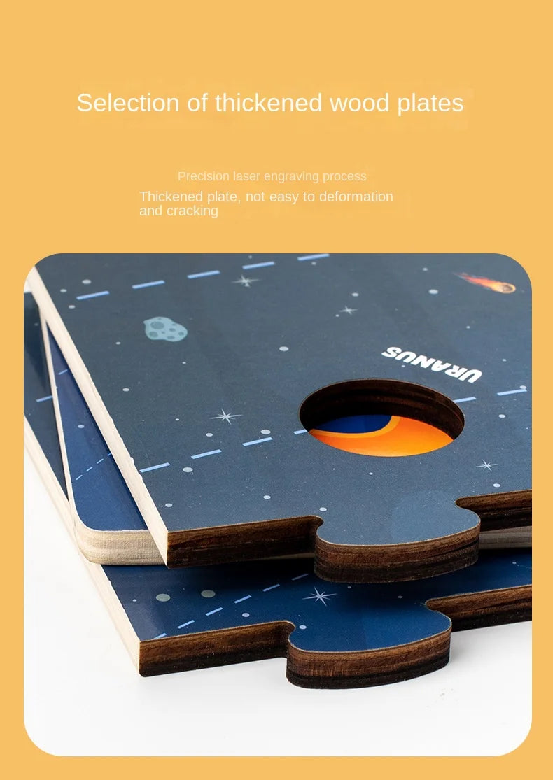 Wooden plates with space-themed design on a yellow background