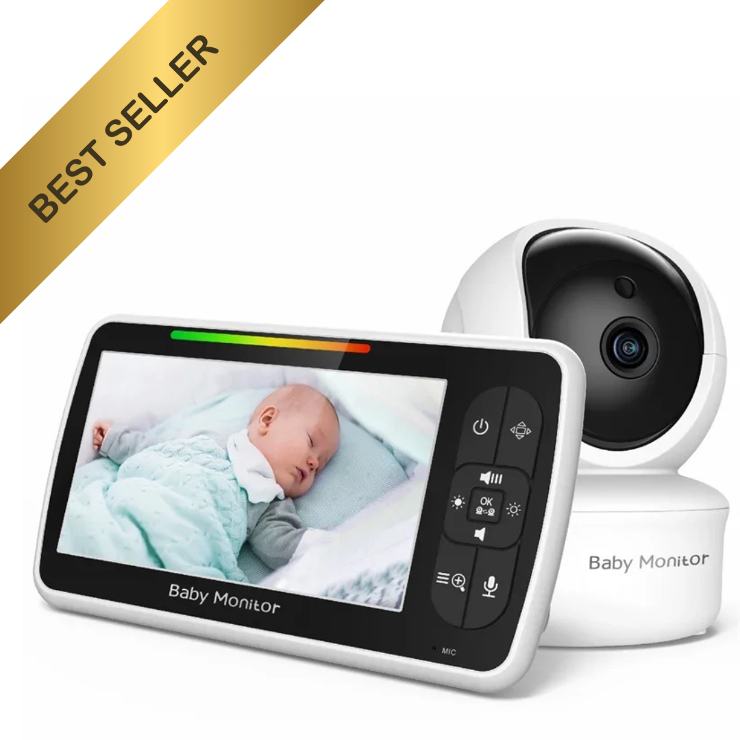 Smart wireless baby monitor with LCD screen showing HD night vision of sleeping baby