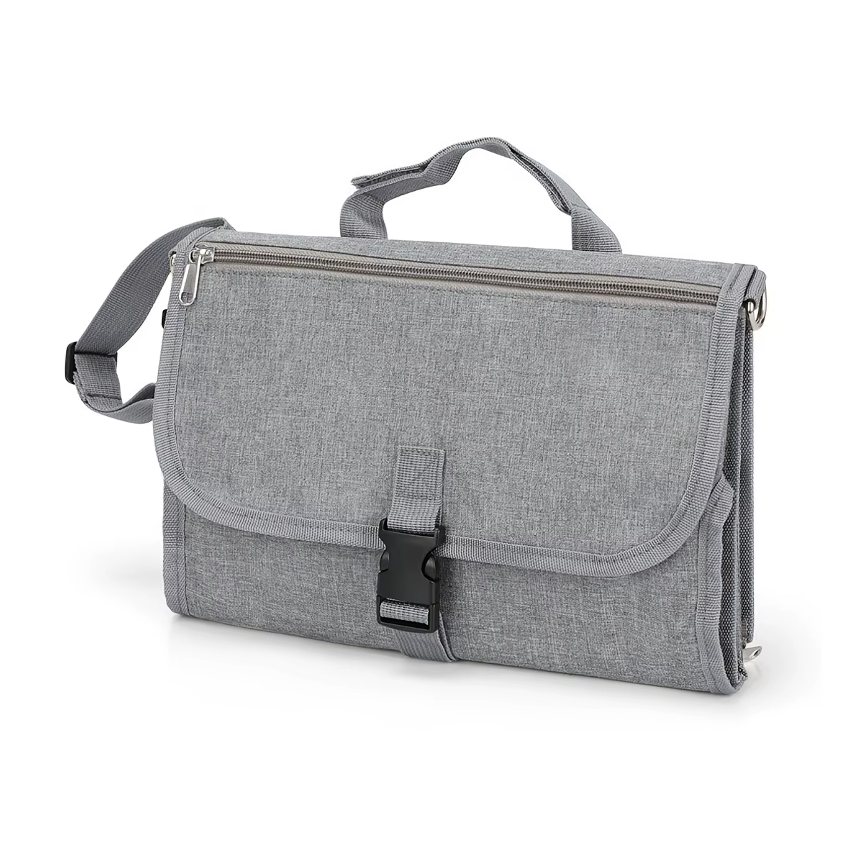 A folded portable baby changing pad in grey colour with a buckle closure and shoulder strap.