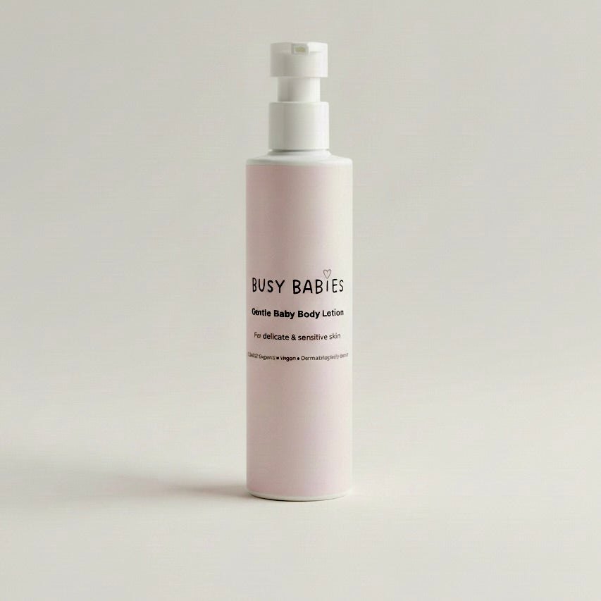 Bottle of Busy Babies Gentle Baby Body Lotion on a light grey background