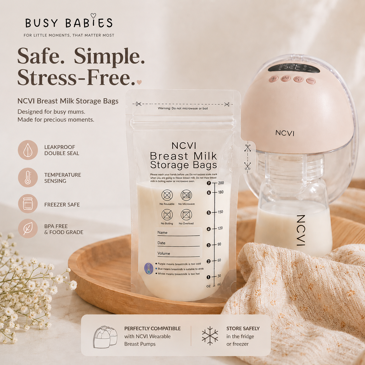 Hands-free wearable breast pump with breast milk storage bags for busy mums