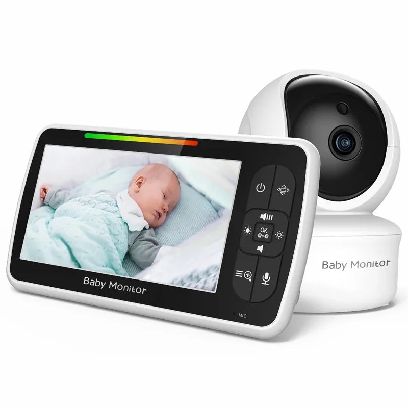 Smart wireless baby monitor with night vision displaying baby sleeping in crib