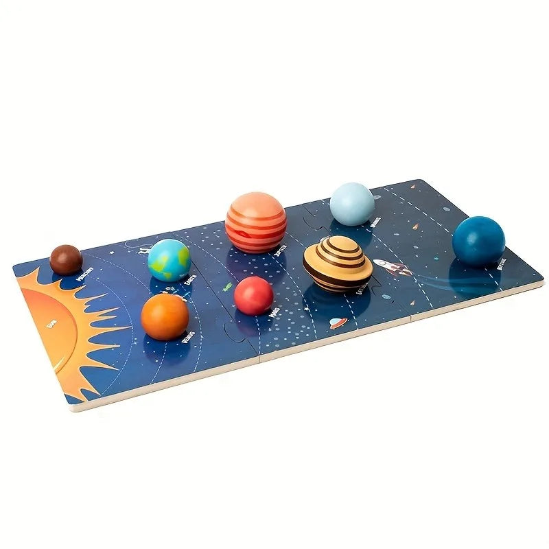 Wooden solar system model with colourful planets on a blue background