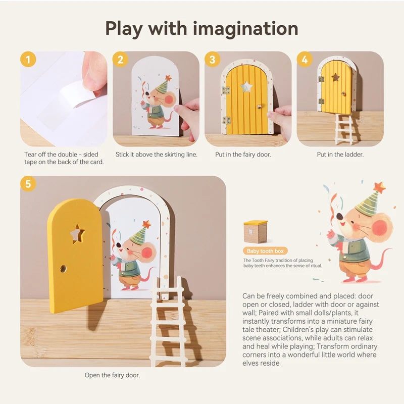 Instructions for setting up a fairy door with a mouse character on a white background