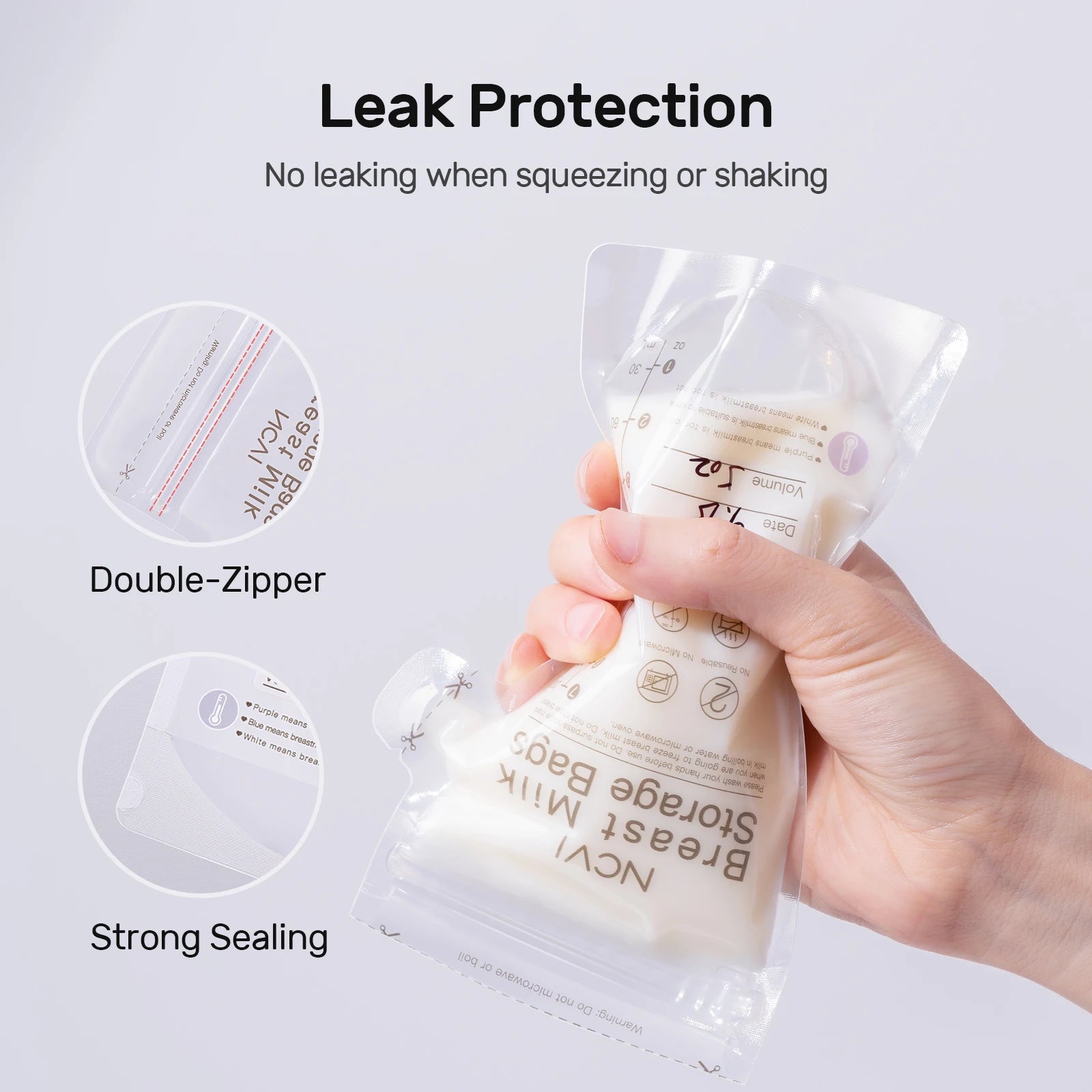 Hand holding a breast milk storage bag with leak protection features highlighted.