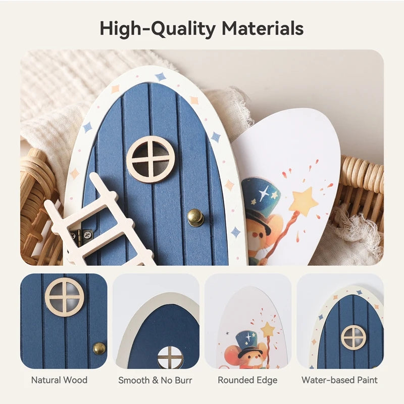 Fairy door with high-quality materials text and close-up details.