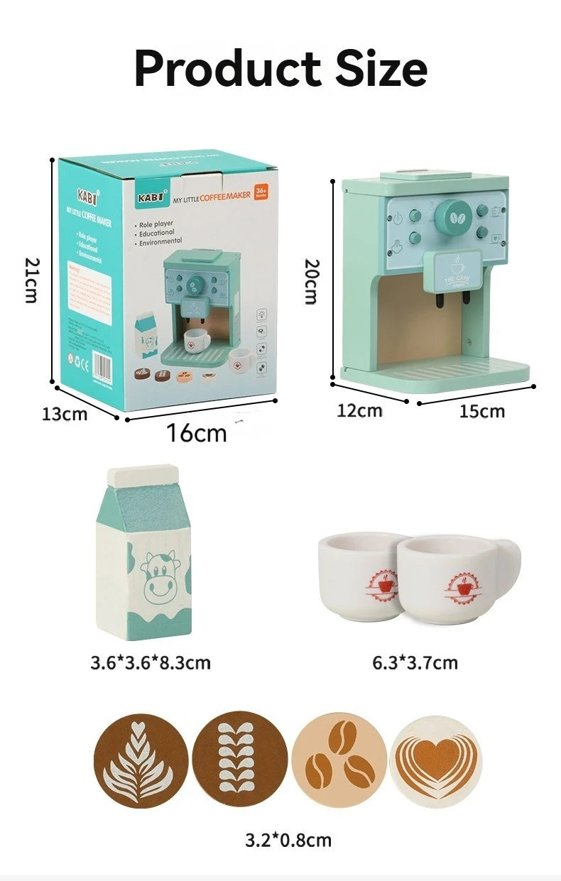 Product size chart for a toy coffee machine set with dimensions and icons.