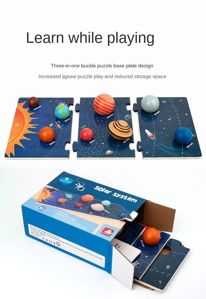 Solar system-themed puzzle with packaging on a white background