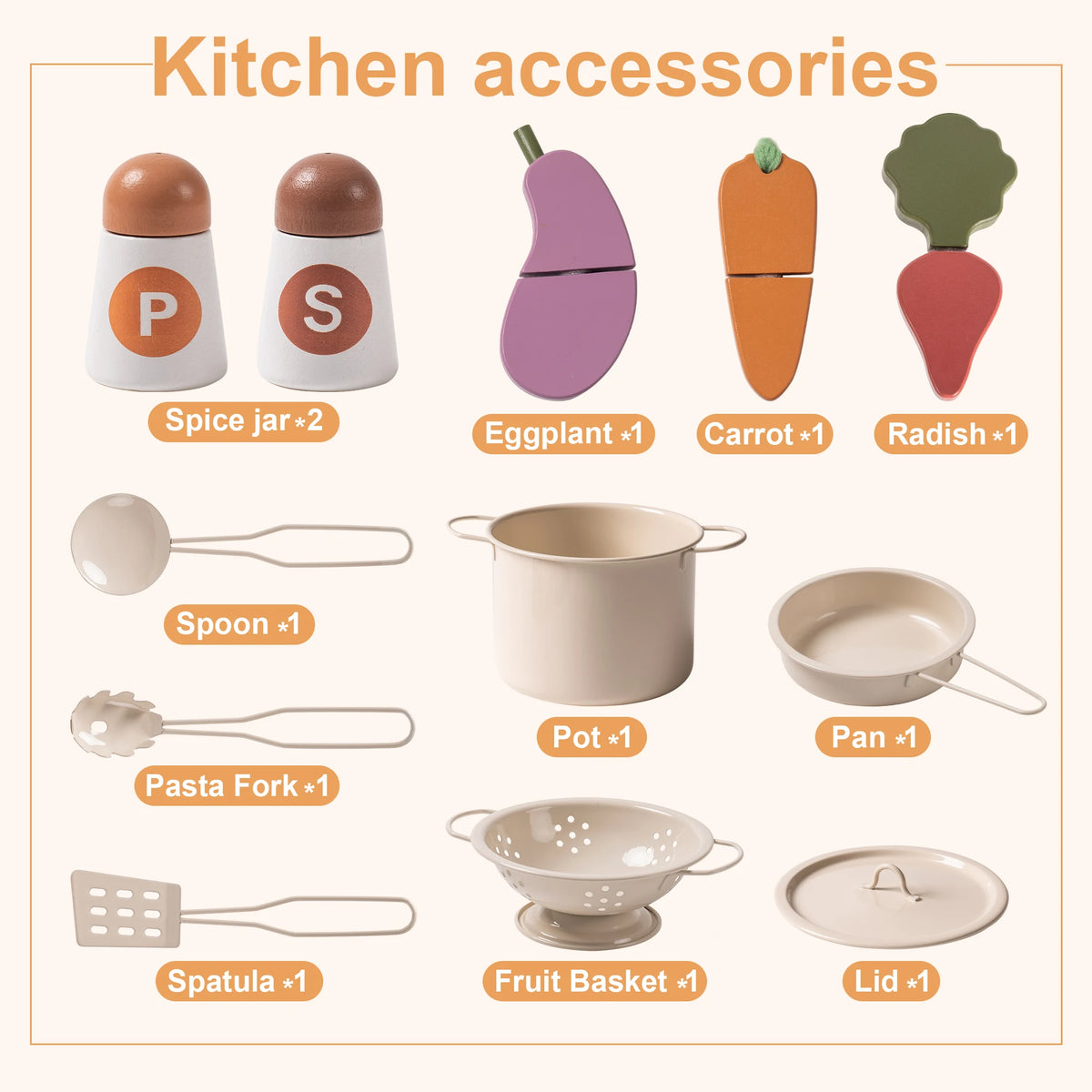 A set of wooden toy kitchen accessories arranged on a light beige background with orange text labels. The set includes two spice jars labeled P and S, an eggplant, a carrot, a radish, a spoon, a pasta fork, a pot, a pan, a fruit basket, a spatula, and a lid.