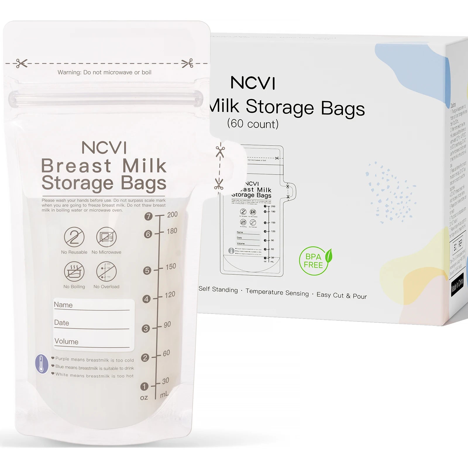 NCVI Breast Milk Storage Bags packaging on a white background