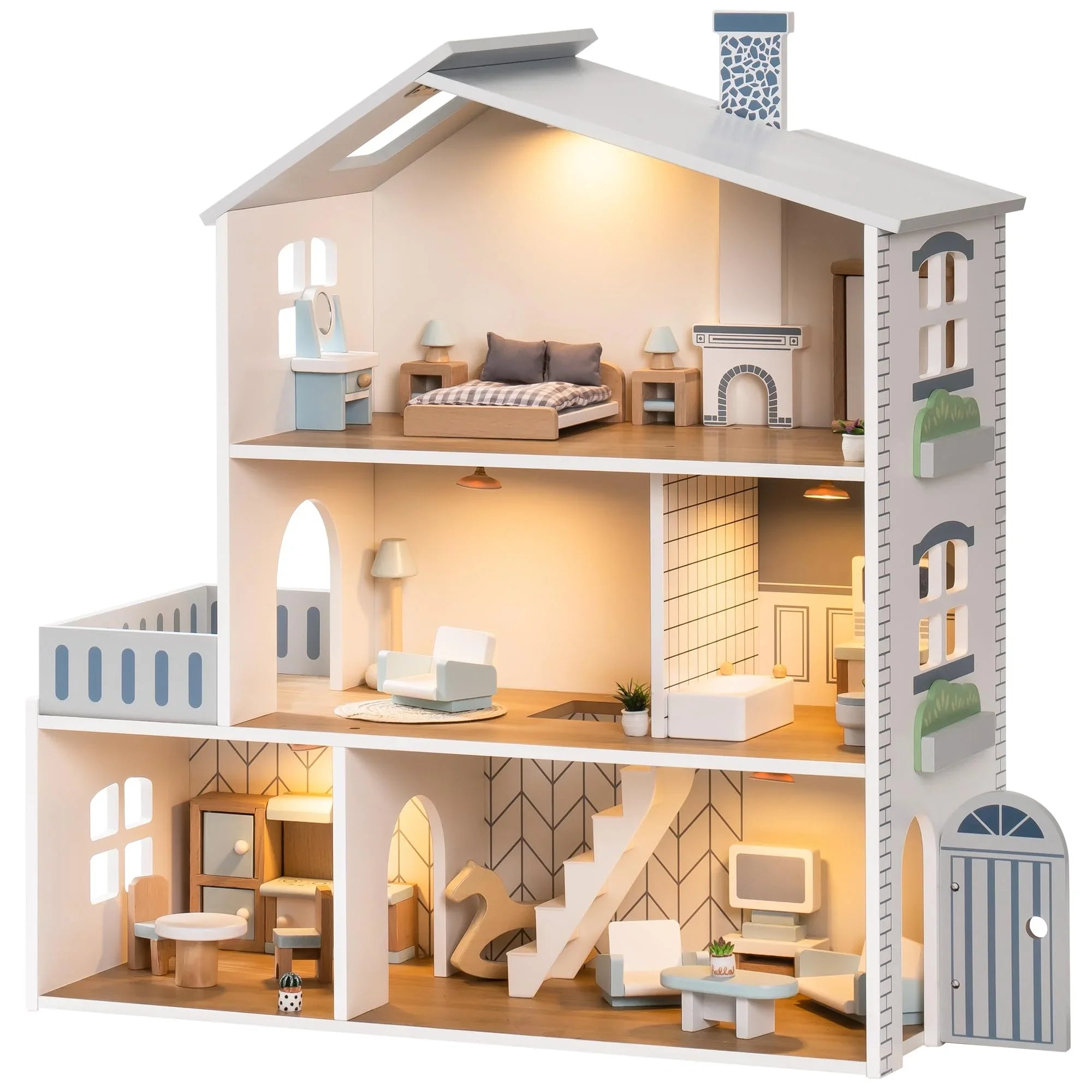 Wooden dollhouse with multiple rooms and furniture on a white background