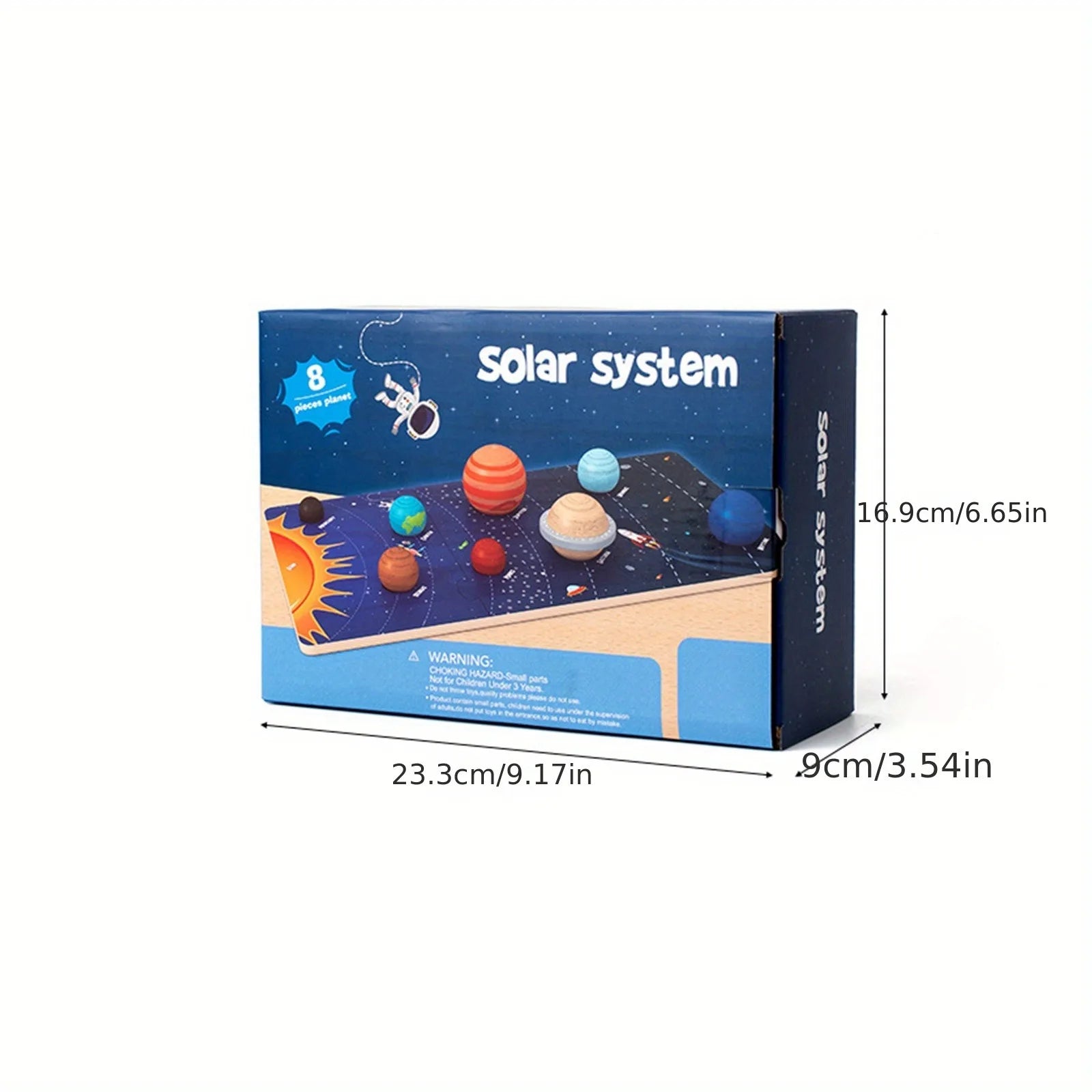 Solar system model kit packaging with dimensions on a white background