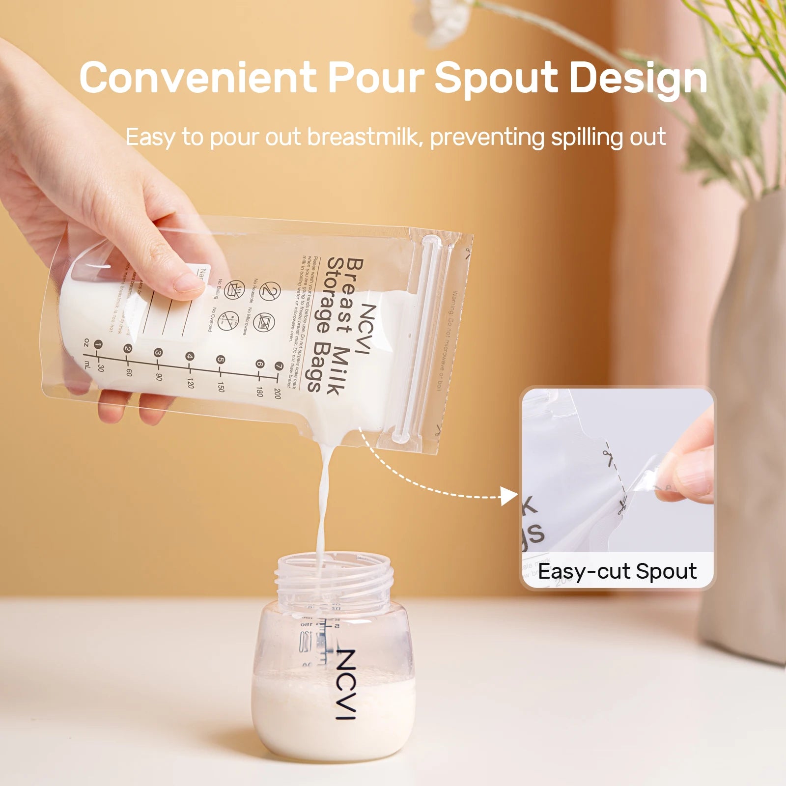 Breastmilk storage bag with pour spout design being used to pour milk into a container.