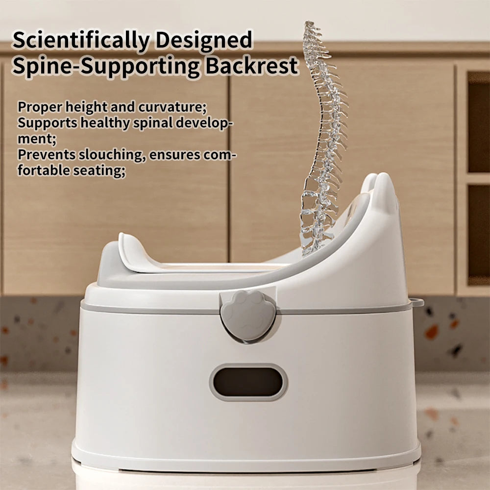 3-1 potty showing spine-supporting backrest with a diagram of a spine on a wooden background