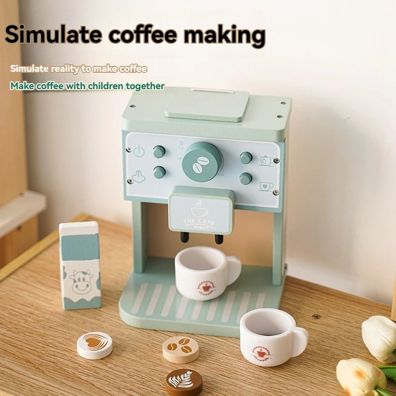 Children's toy coffee maker set on a wooden surface with cups and a milk carton.