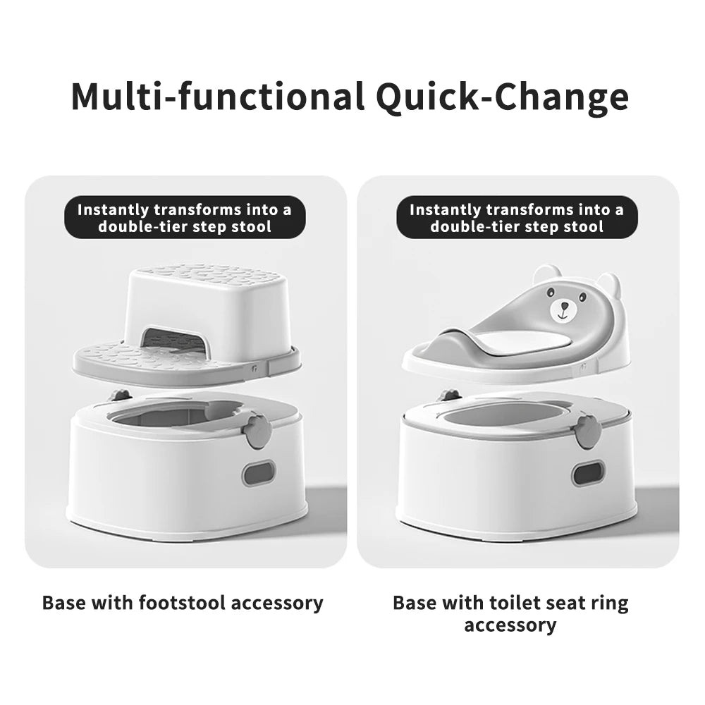Multi-functional 3-1 potty training base with footstool and toilet seat ring accessories on a white background.