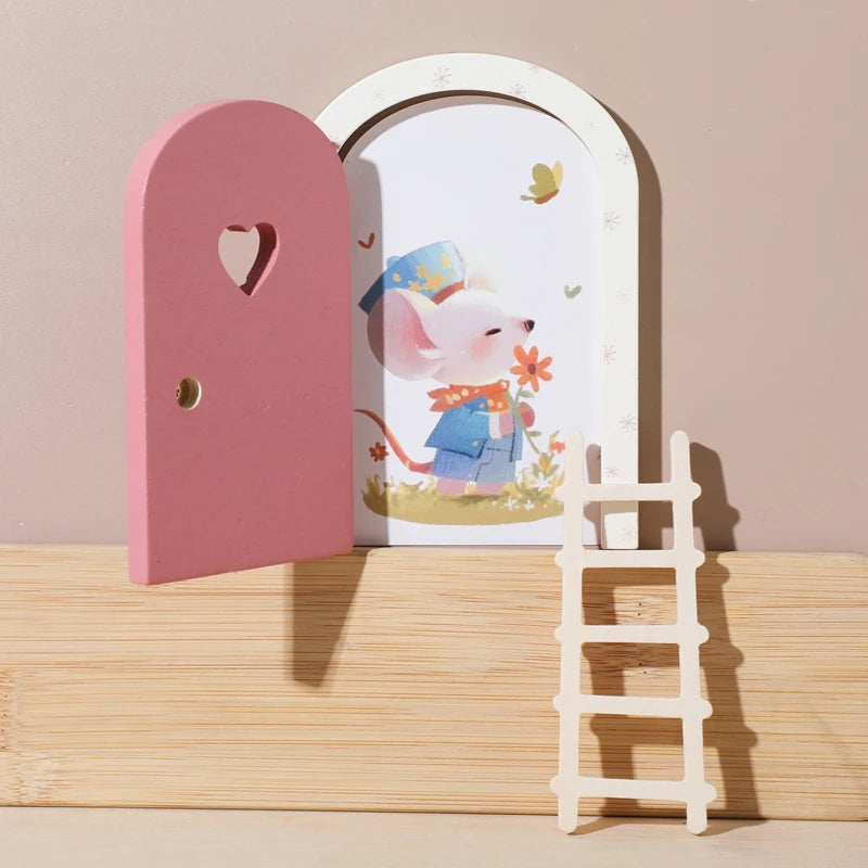 Pink door with heart-shaped window, white archway, and small ladder on a beige background