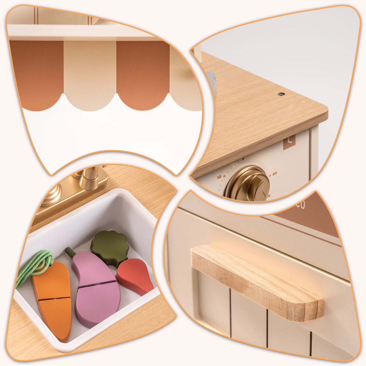 A collage of four rounded panels showing a wooden toy kitchen playset from multiple angles. The set includes a light wood countertop and cabinet fronts, a cream-colored sink basin, brass-tone knobs and faucet, and colorful wooden vegetables and fruit pieces in the sink.
