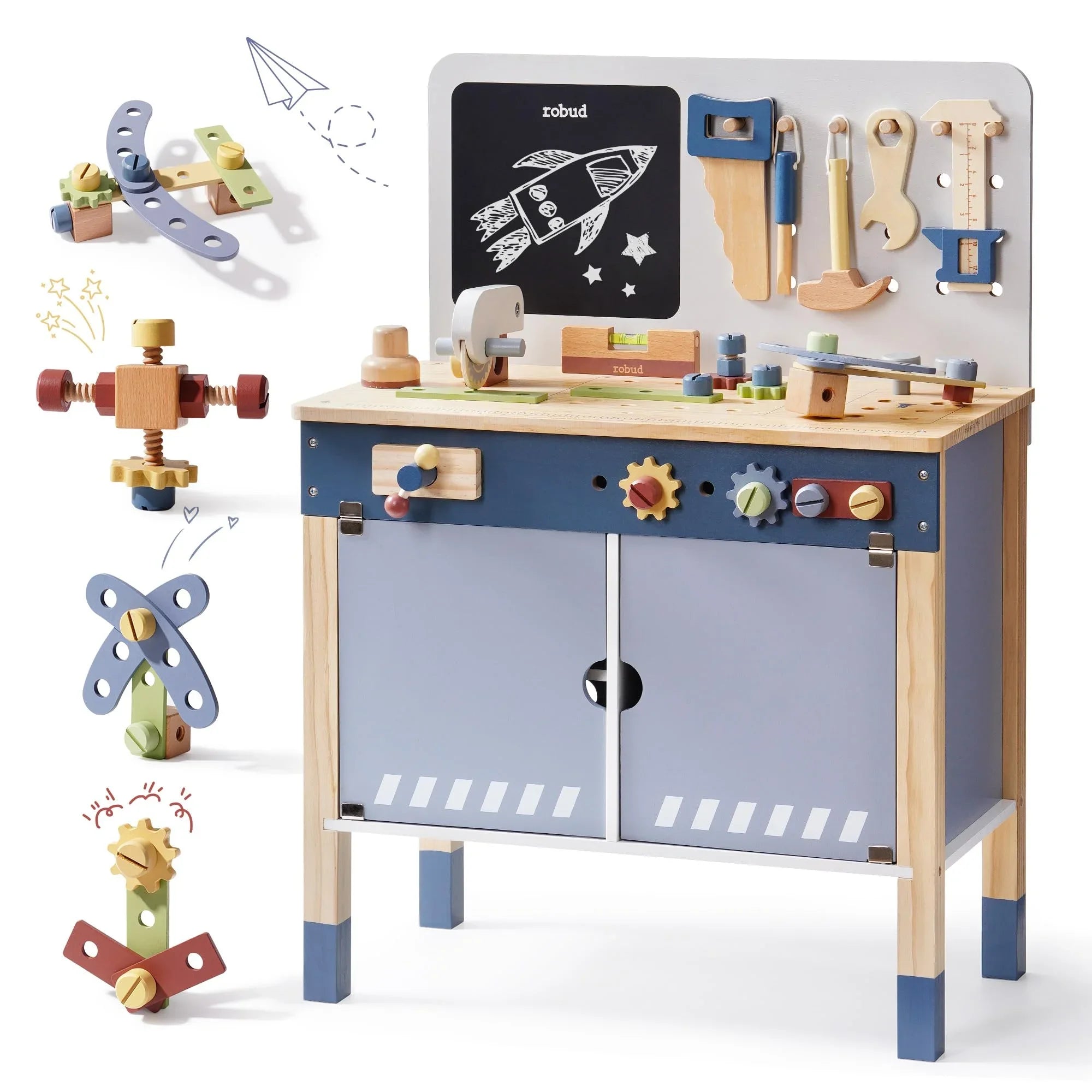 Robud children's wooden toy workshop with tools and a chalkboard on a white background