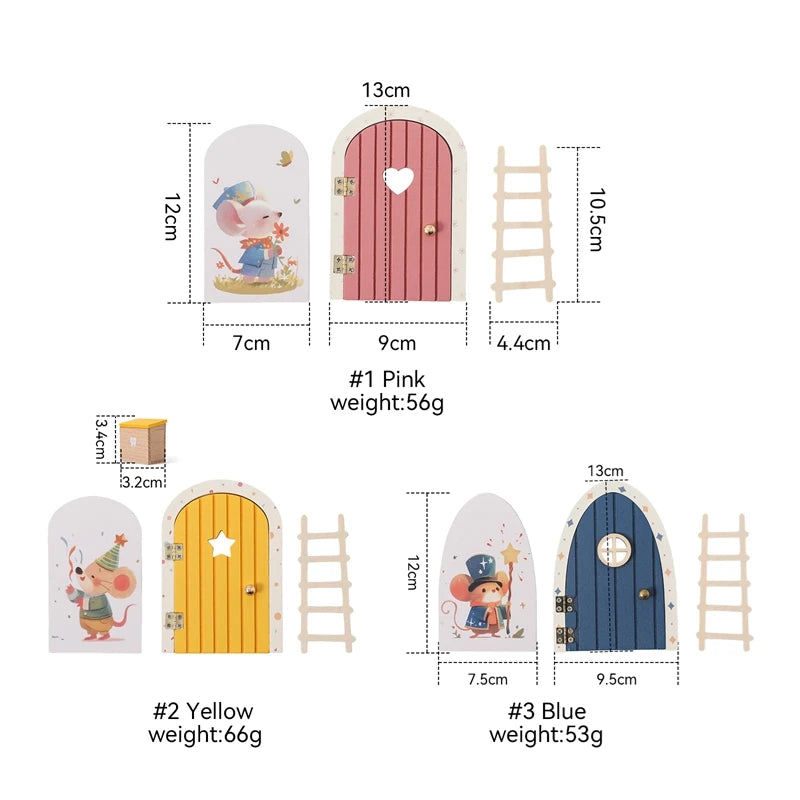 Set of miniature fairy doors with measurements and weights on a white background