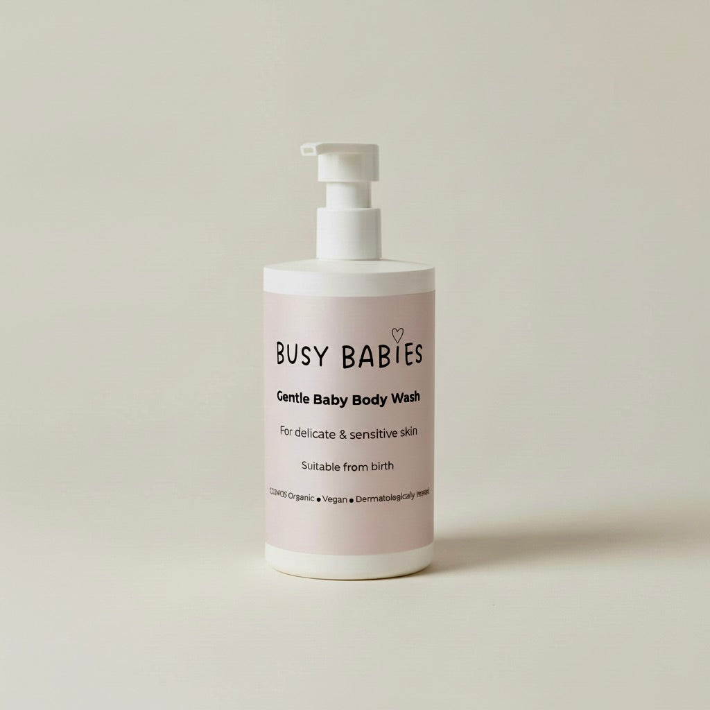 Busy Babies Gentle Baby Body Wash bottle on a light beige background